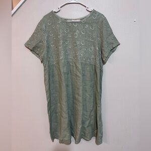 TERZO MILLENNIO Green Linen Embroidered Shift Dress Short Sleeve Knee Length M